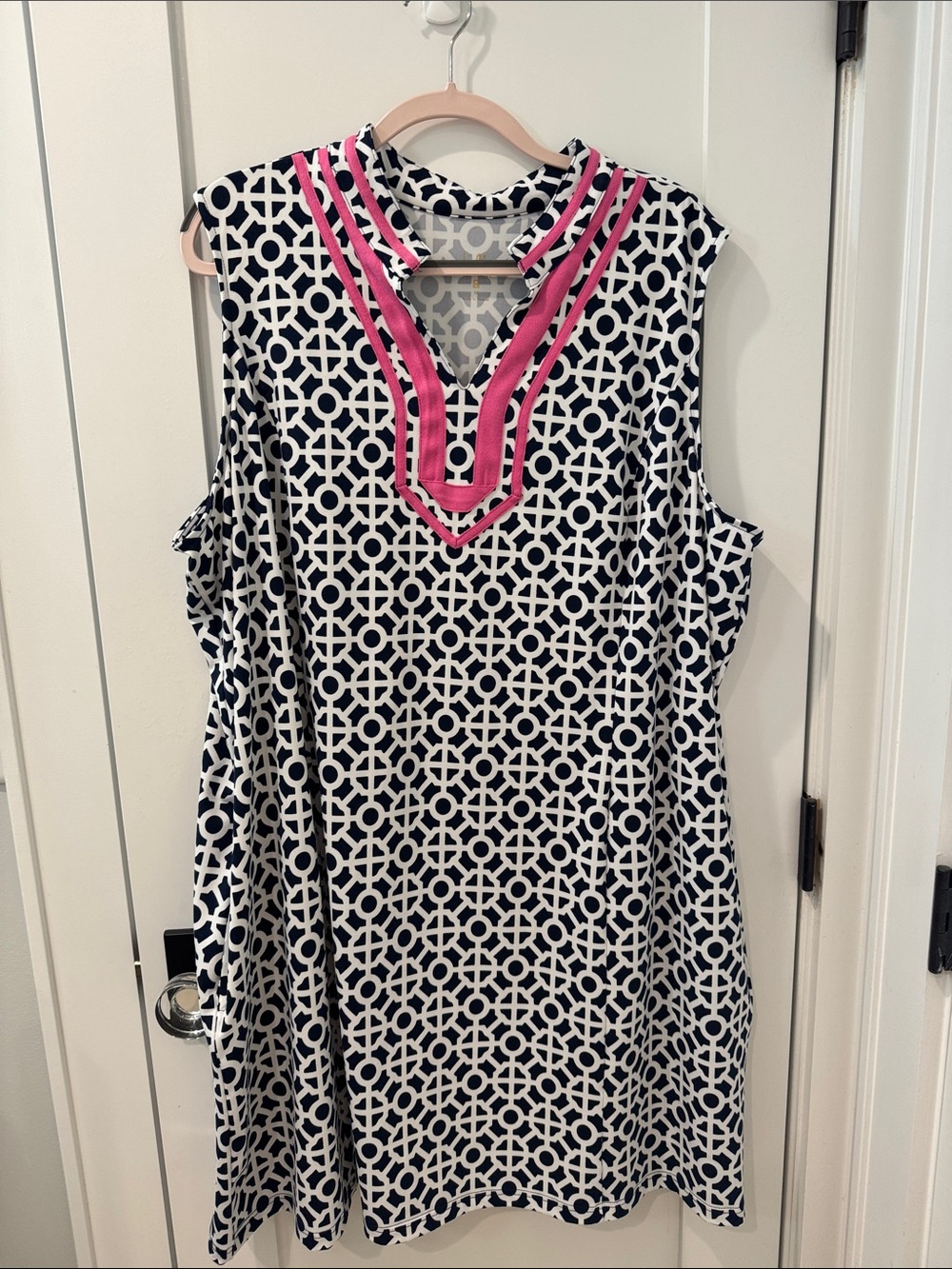 Belle by Kim Gravel Navy & White Geometric Sleeveless dress with Pink Trim